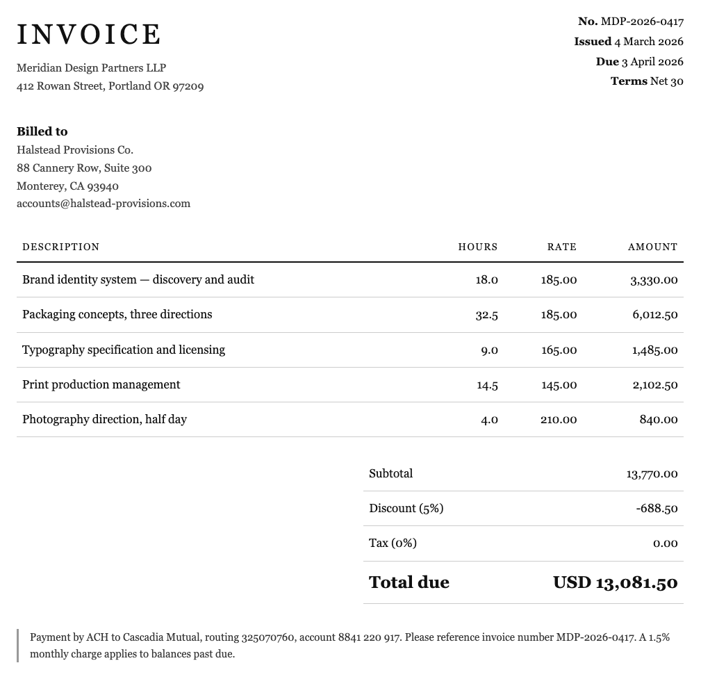 A scanned invoice from Meridian Design Partners LLP, billed to Halstead Provisions Co., five line items totalling USD 13,081.50.